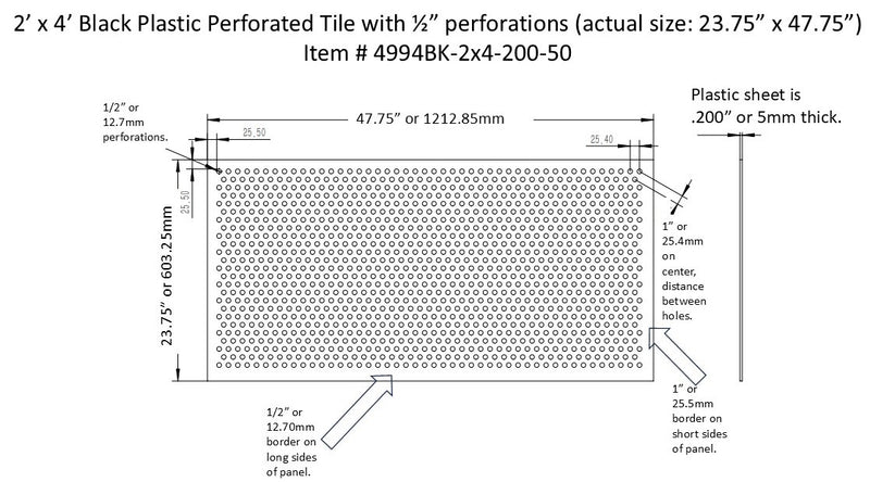 2'x4' Black Plastic Perforated tile, .5in. Perforations