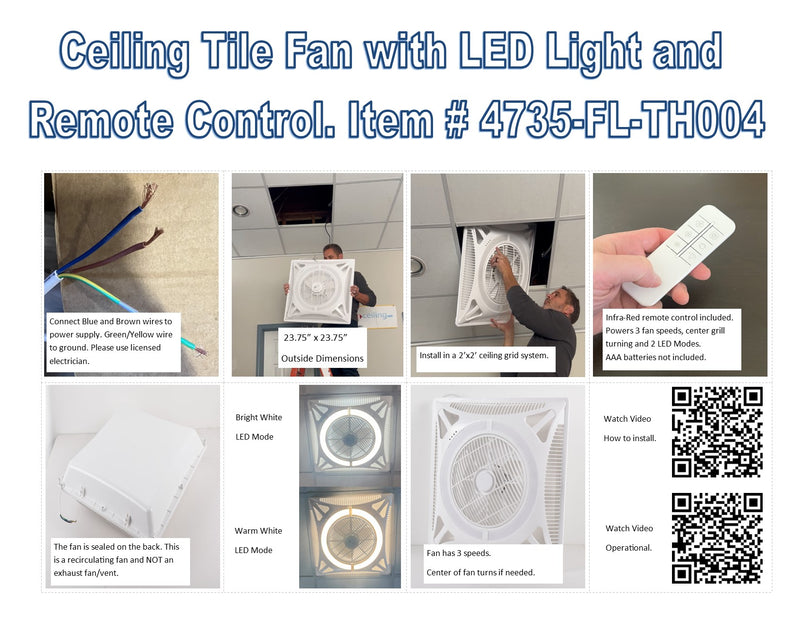 2'x 2' Ceiling Tile Fan/LED Light with Remote